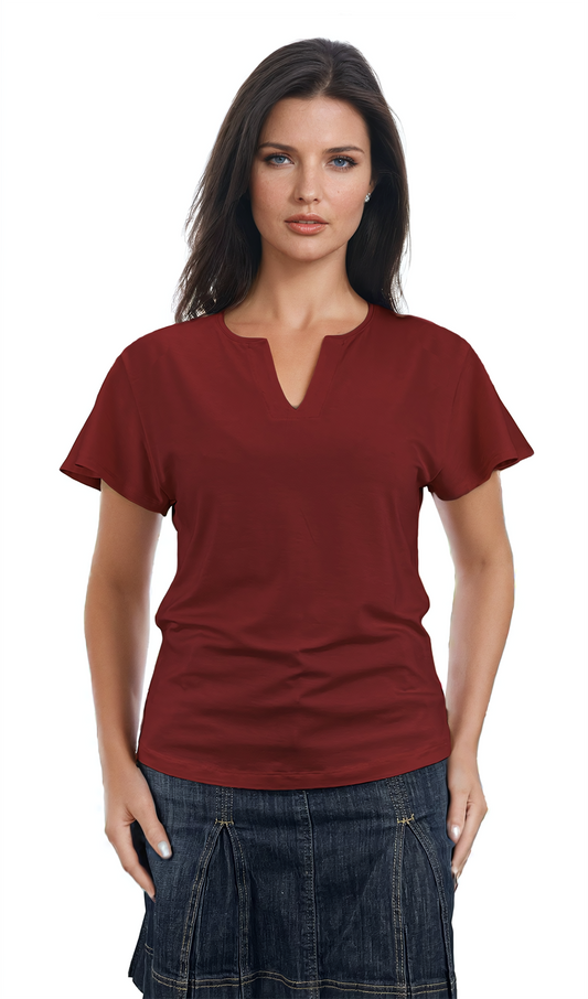 Damenbluse - Kurzarm-T-Shirt mit spitzem Ausschnitt