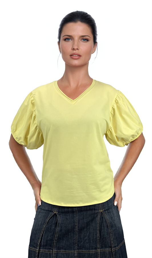 Damenbluse - Kurzarm-T-Shirt mit spitzem Ausschnitt