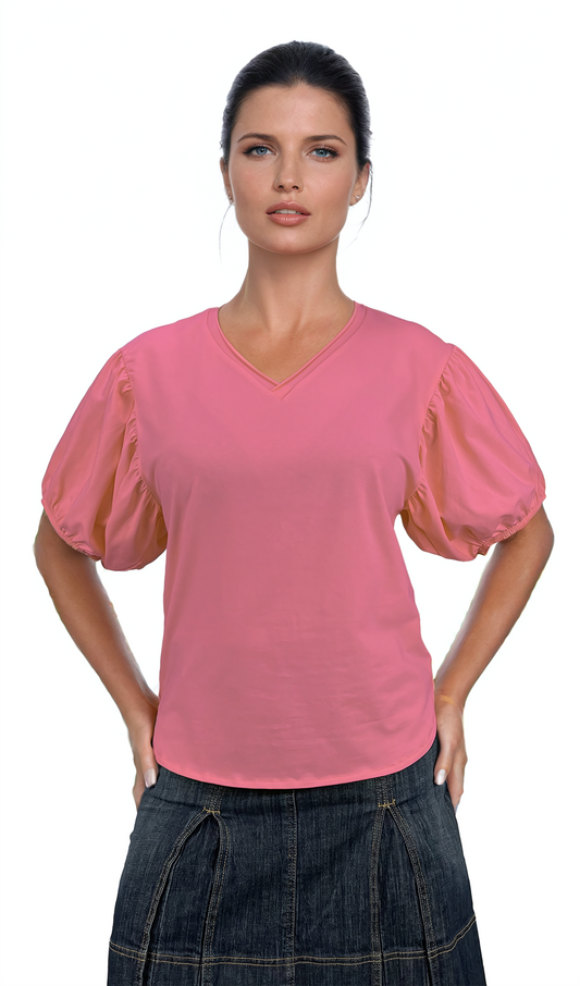 Damenbluse - Kurzarm-T-Shirt mit spitzem Ausschnitt