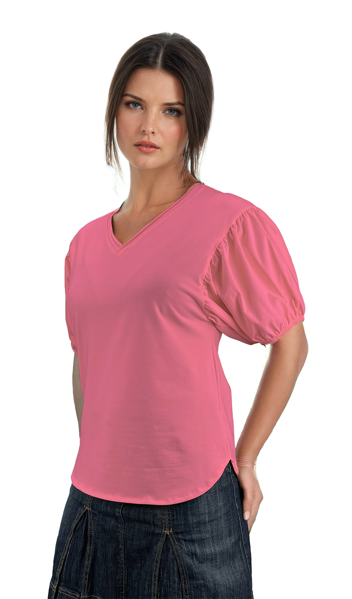 Damenbluse - Kurzarm-T-Shirt mit spitzem Ausschnitt