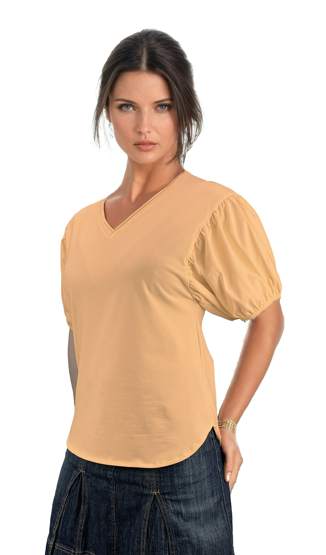 Damenbluse - Kurzarm-T-Shirt mit spitzem Ausschnitt