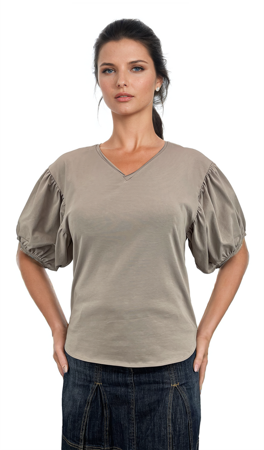 Damenbluse - Kurzarm-T-Shirt mit spitzem Ausschnitt