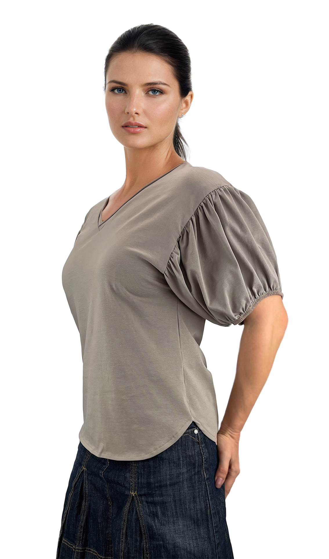 Damenbluse - Kurzarm-T-Shirt mit spitzem Ausschnitt