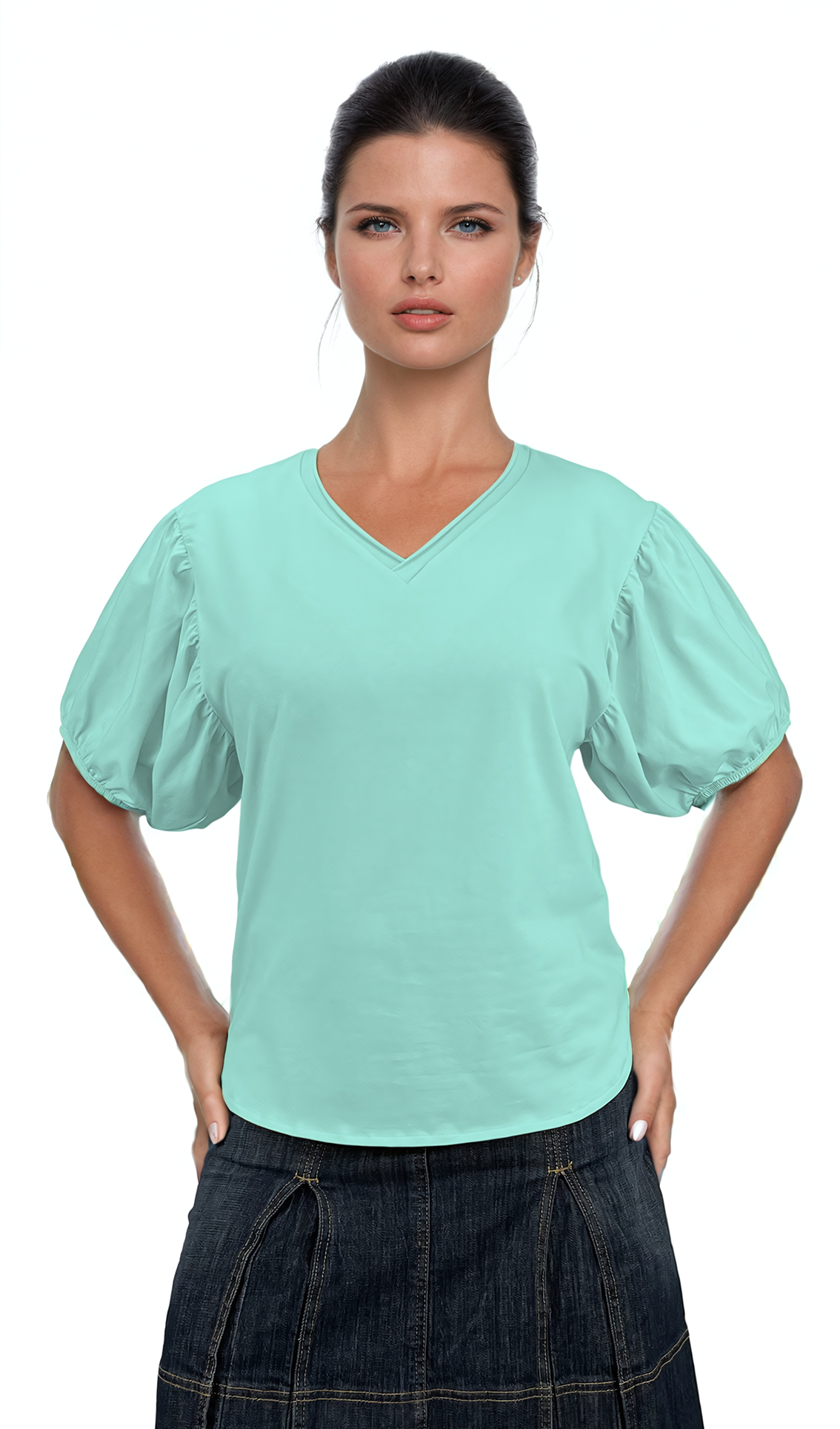 Damenbluse - Kurzarm-T-Shirt mit spitzem Ausschnitt