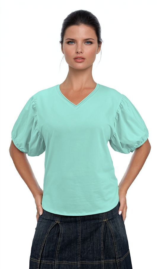 Damenbluse - Kurzarm-T-Shirt mit spitzem Ausschnitt