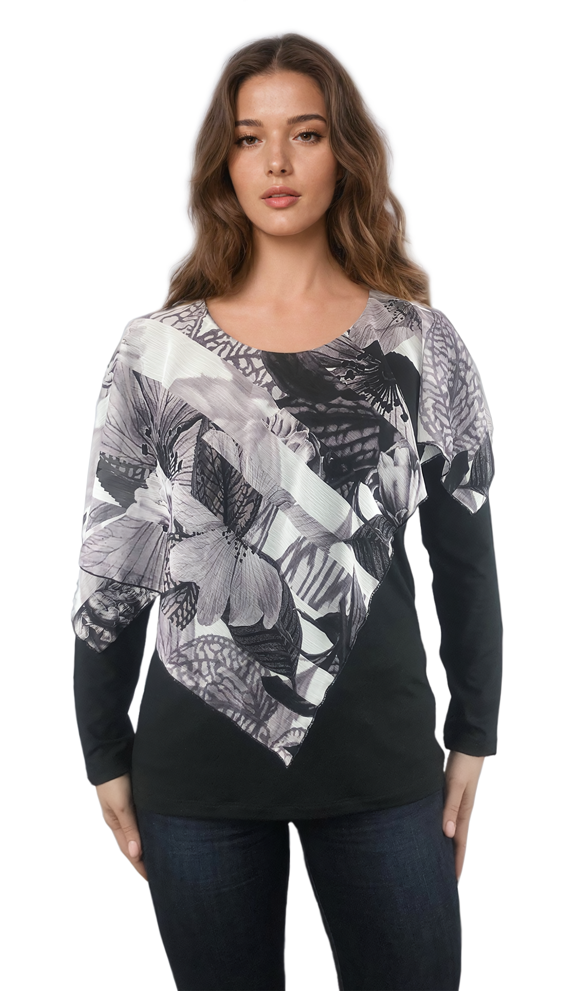 Damen Bluse - Langarm T-Shirt mit Rundhalsausschnitt