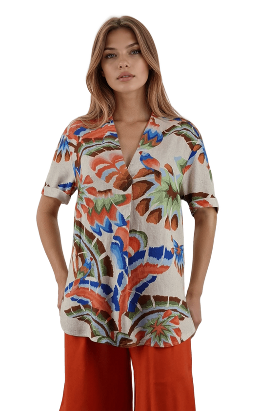 Leinenhemd-Tunika für Damen mit kurzen Ärmeln und spitzem Ausschnitt