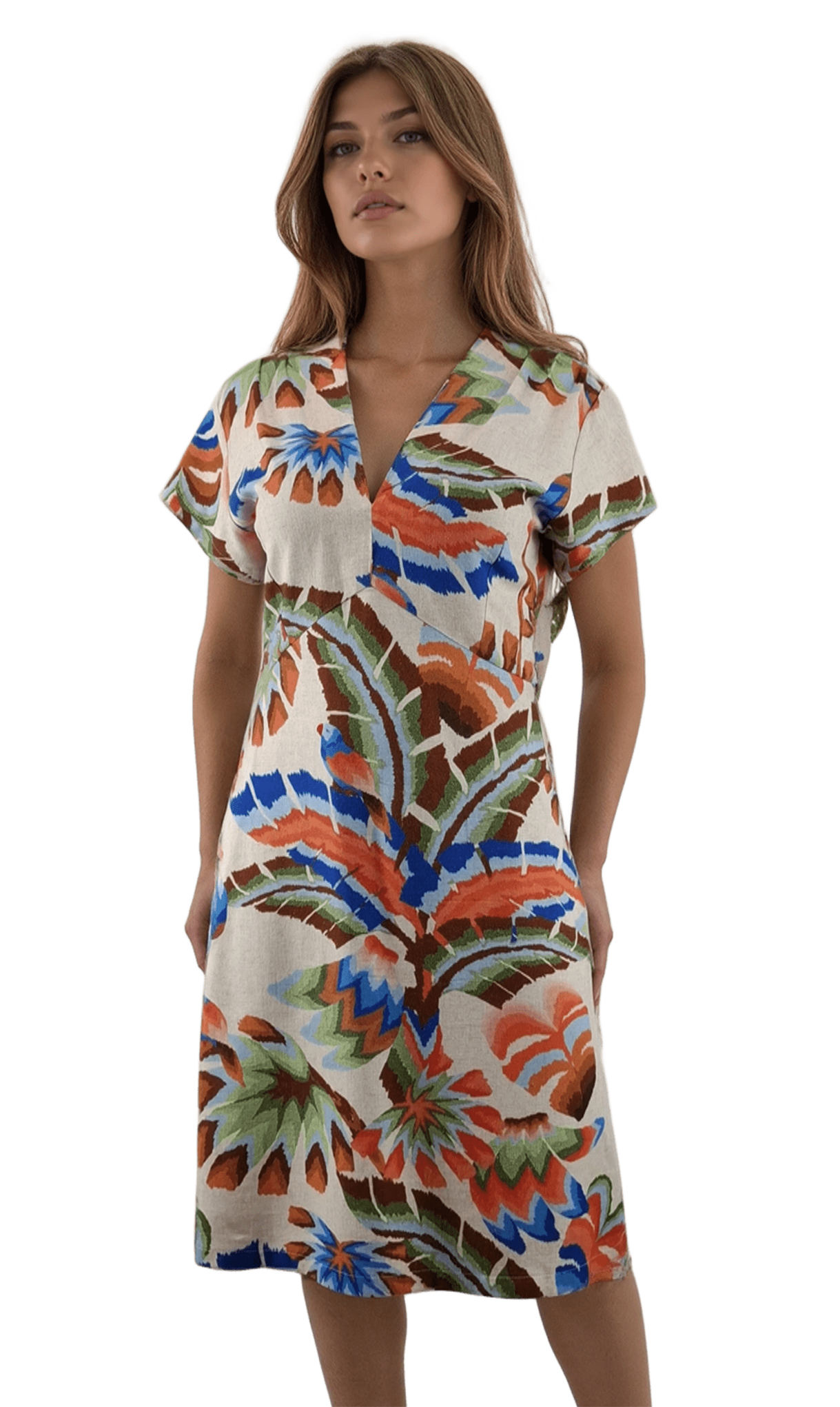 Дамска ленена рокля с къс ръкав остро деколте - Decade.shop