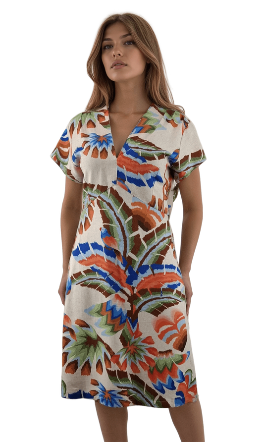 Leinenkleid für Damen mit kurzen Ärmeln und spitzem Ausschnitt