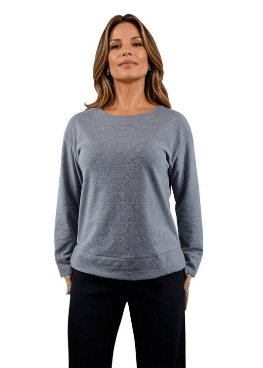 Jacquardbluse für Damen – langärmeliges T-Shirt mit Rundhalsausschnitt