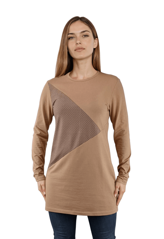 Asymmetrische Damenbluse/Tunika mit langen Ärmeln und Rundhalsausschnitt