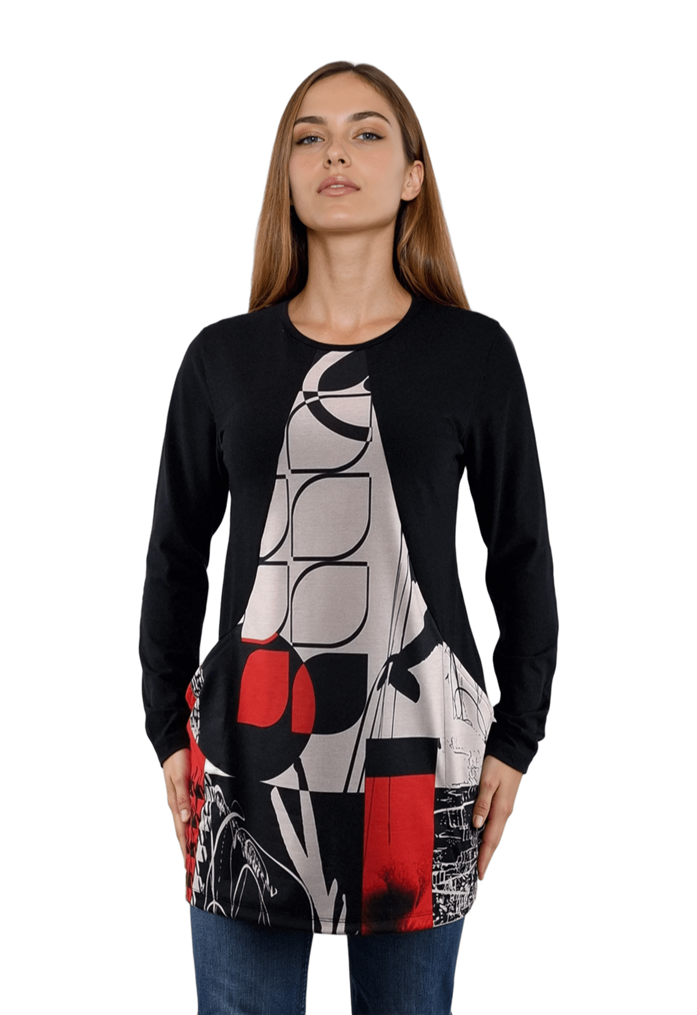 Дамска блуза-туника асиметрична с дълъг ръкав обло деколте - Decade.shop