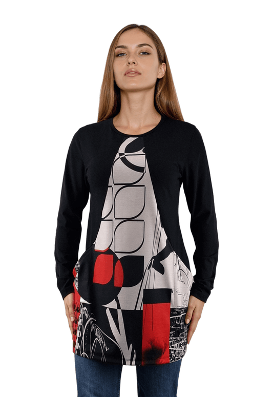 Asymmetrische Damenbluse/Tunika mit langen Ärmeln und Rundhalsausschnitt