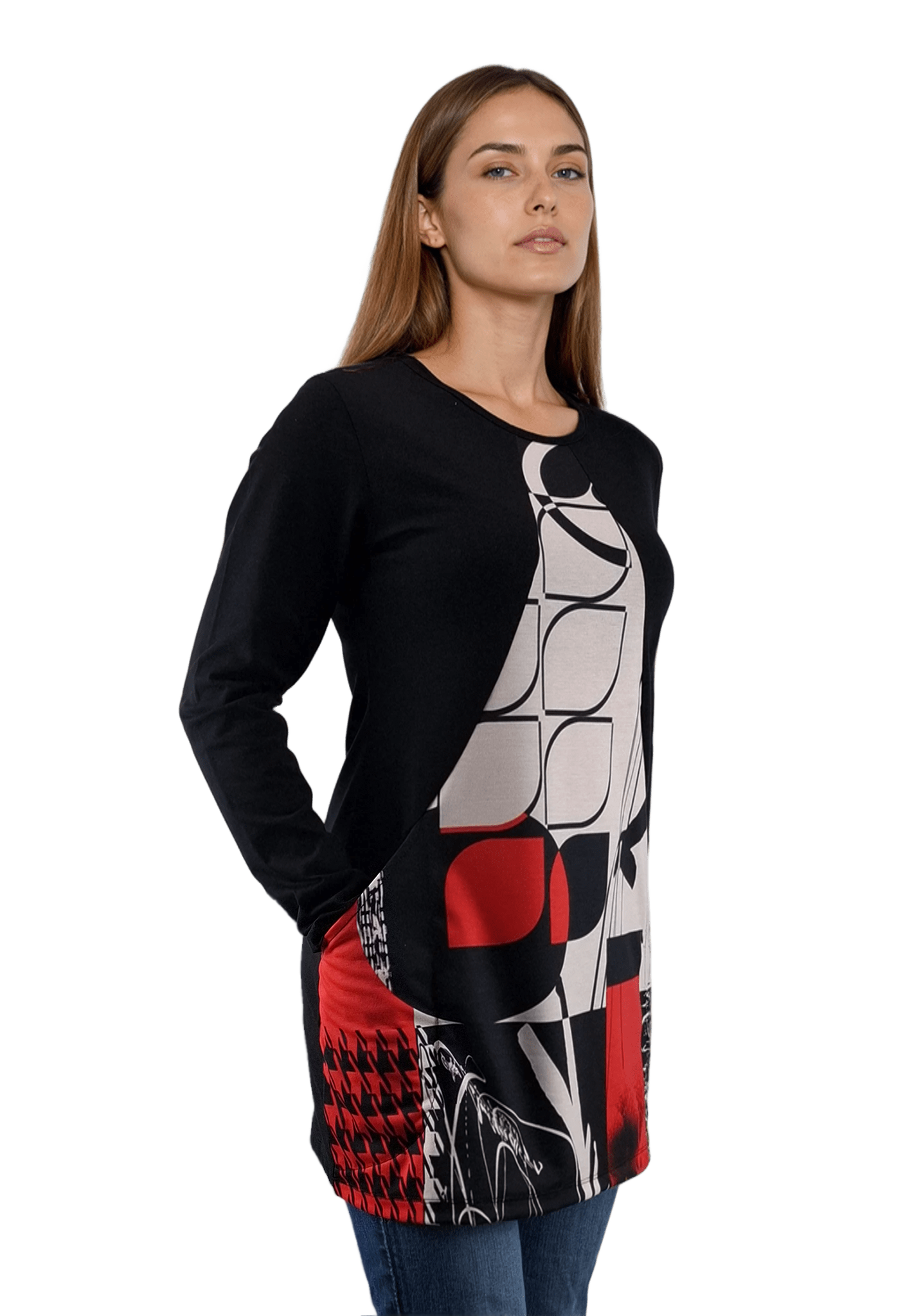 Дамска блуза-туника асиметрична с дълъг ръкав обло деколте - Decade.shop