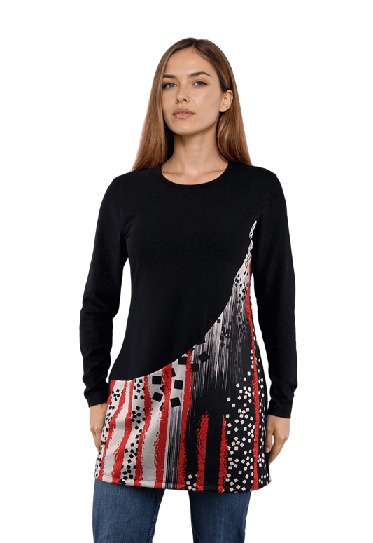 Asymmetrische Damenbluse/Tunika mit langen Ärmeln und Rundhalsausschnitt