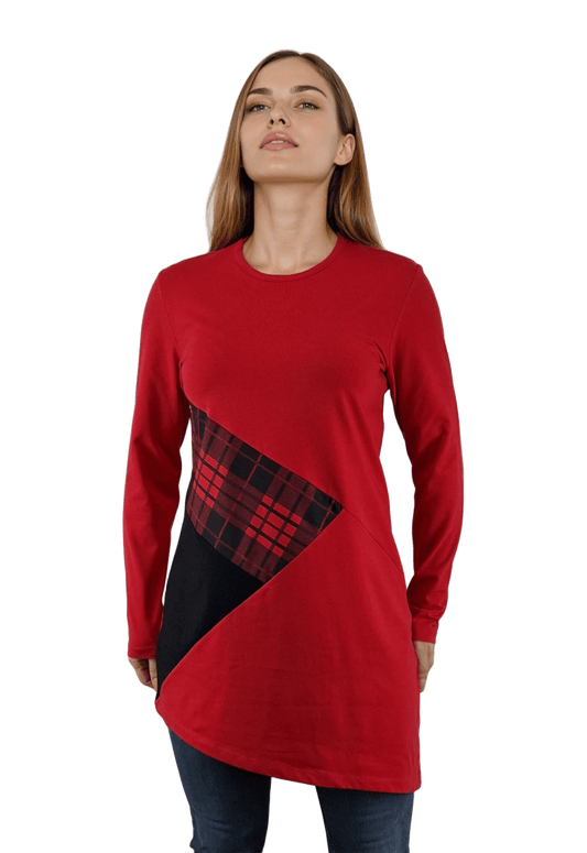 Asymmetrische Damenbluse/Tunika mit langen Ärmeln und Rundhalsausschnitt