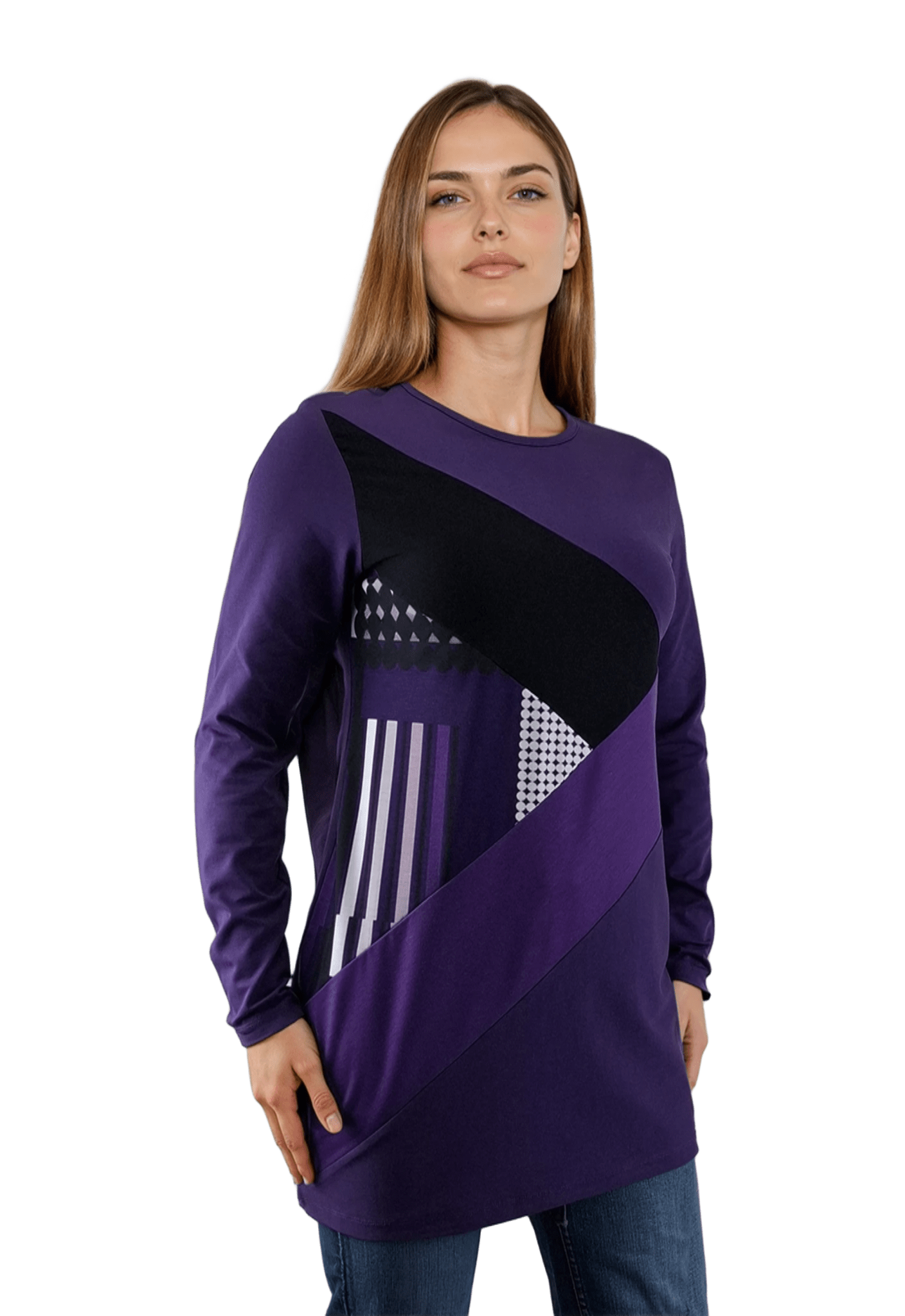 Дамска блуза-туника асиметрична с дълъг ръкав обло деколте - Decade.shop