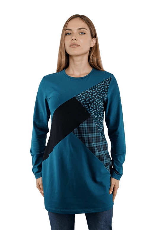 Asymmetrische Damenbluse/Tunika mit langen Ärmeln und Rundhalsausschnitt