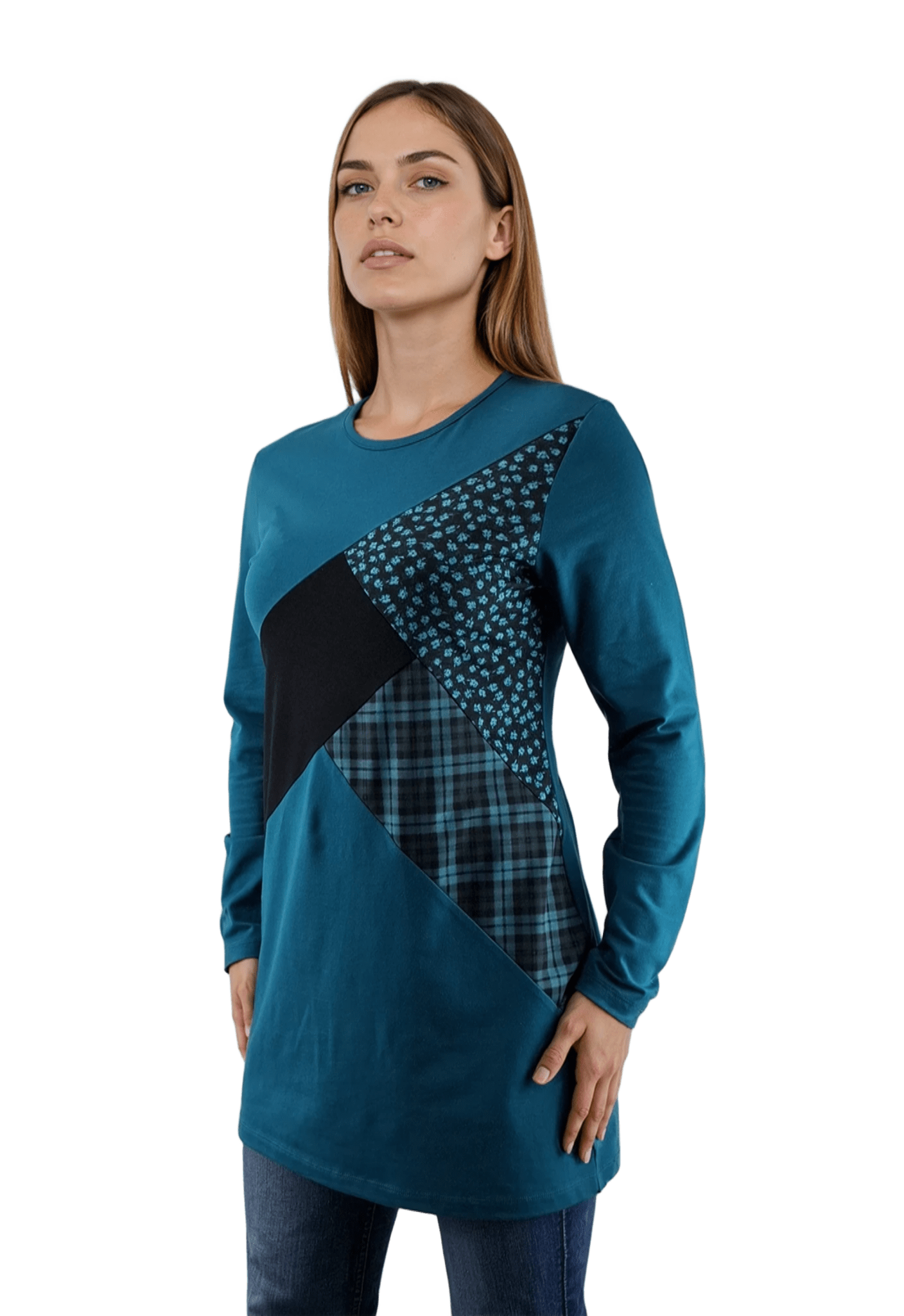 Дамска блуза-туника асиметрична с дълъг ръкав обло деколте - Decade.shop